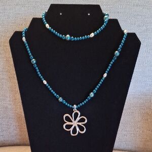 Blue & Silver Beaded Necklace & Bracelet Set with Silver Flower Pendant